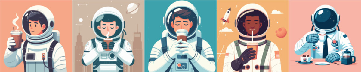 astronaut character vector drinking coffee