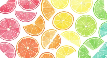 Fototapeta premium Citrus Fruit Delight - Vibrant of sliced citrus fruits, including grapefruits, oranges, lemons, and limes, arranged in a colorful pattern on a white background