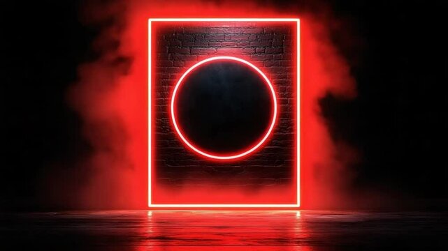 Red Neon Square and Circle Frame on Brick Wall