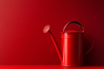 Bright red watering can stands against a matching red wall in a minimalist setting showcasing vibrant color contrast