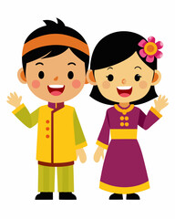 Fototapeta premium Happy Malaysian Children in Traditional Clothing Waving.