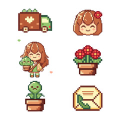 Pixel icon set with girl, plants and truck