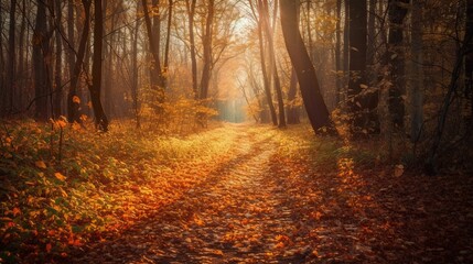 Fototapeta premium Autumnal forest path bathed in golden light