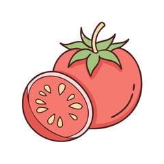 Illustration of fresh red ripe tomato and sliced tomato for healthy eating and cooking recipes