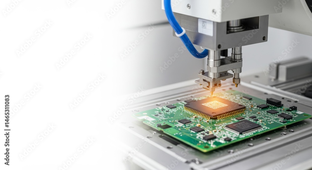 Aufkleber close up of advanced microchip manufacturing process - high-definition of a microchip being installe