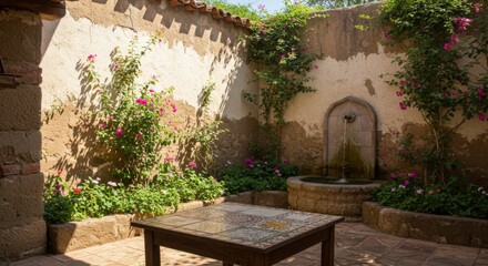 Naklejka premium Sunlit Courtyard with Stone Fountain and Mosaic Table