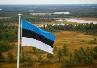 Waving Estonian Flag Symbolizing Northern Skies Over Forests Bogs and Lakes of Lahemaa National Park