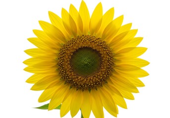 A close up shot of a sunflower with vibrant yellow petals and a dark center against a white background