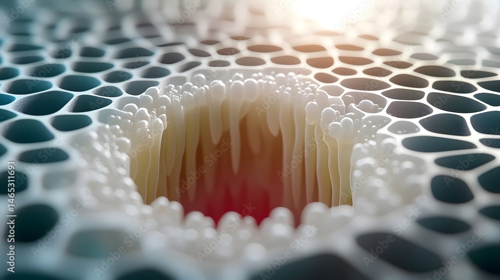 Poster organic foam structure soft lighting, teal and white hexagonal pattern