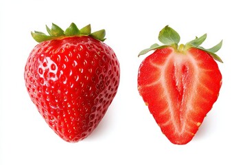 A beautifully presented, fresh strawberry, whole and sliced, on a clean white backdrop.