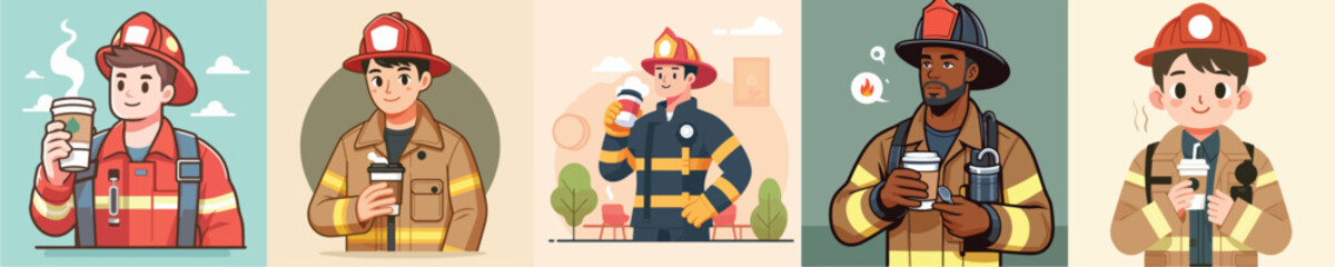 firefighter character vector drinking coffee