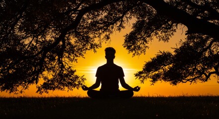 Silhouette of a person meditating under a tree at sunset for wellness