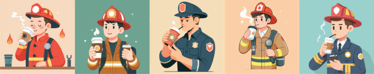 firefighter character vector drinking coffee