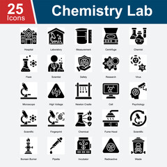 Chemistry Lab is a collection of icons representing laboratory equipment, chemical research, safety protocols, and scientific procedures used in analyzing chemicals, biology, and medical experiments.