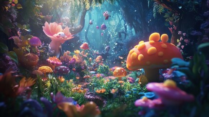 Enchanted woodland scene with mushrooms, wildflowers, and magical creatures under soft sunlight in a dreamy forest setting.