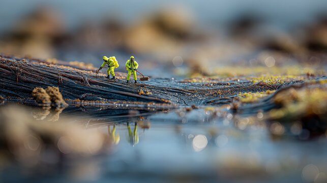 Miniature figures in protective suits cleaning seaweed-covered rocks, reflecting environmental conservation, illustrating the small-scale effort in large-scale cleanup
