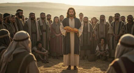 Biblical scene depicting jesus with bread surrounded by followers