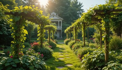Sunlit Garden Path with Vine-Covered Pergola and Elegant House