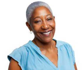 Senior African-American woman smiling, wearing a blue blouse, isolated on white or transparent background