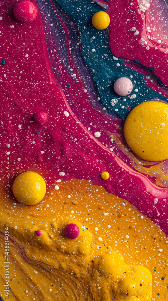 Poster abstract image of swirling pink, yellow, and teal paint with embedded smaller spheres, creating a co
