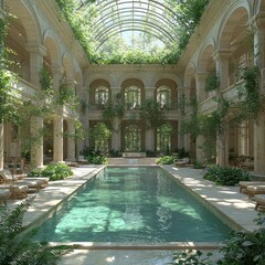 Obraz premium Luxurious indoor swimming pool surrounded by architectural grandeur and abundant greenery