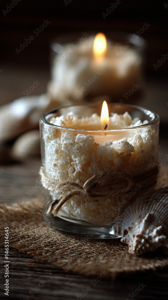 Poster handmade candles styled with shells, creating a spa-like atmosphere perfect for relaxation.