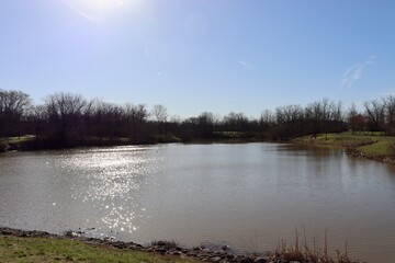 The peaceful lake in the park on a bright sunny day.