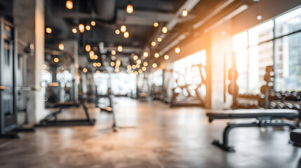 Modern Fitness Center Gym Interior with Sunlight and Exercise Equipment