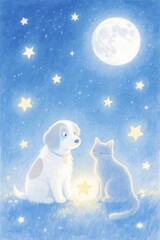 Fototapeta premium painting of a dog and cat sitting on a grassy hill at night