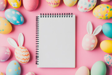 Easter Eggs and Blank Notebook on a Pink Background