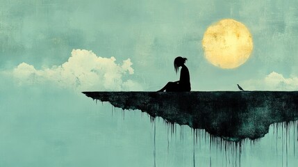 A girl is sitting on a floating island in a mystical sky, and a bird is sitting next to her, their surreal shapes merge with fabulous clouds. Hallucinatory fantasy