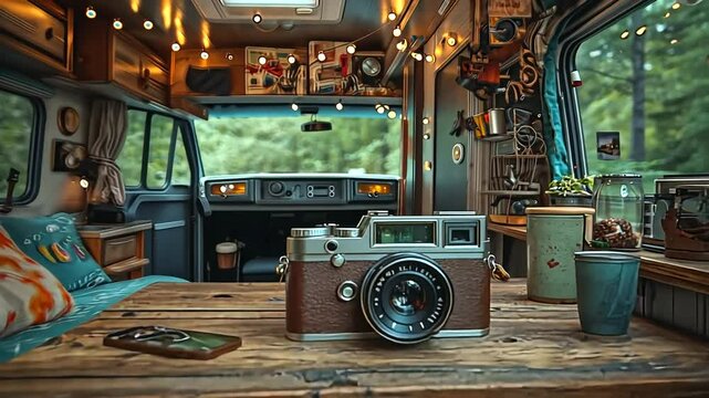 Vintage camera on a wooden table inside a cozy camper van with warm lights and nature view