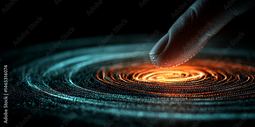 Poster fingertip touching a dark surface, creating glowing concentric circles, symbolizing biometric authen