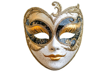 A beautiful white and blue masquerade mask with jewels on it isolated on white transparent background