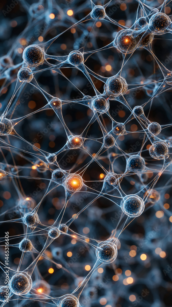 Poster Intricate network of interconnected spheres and glowing filaments, representing neural connections or complex systems, ideal for science or technology concepts