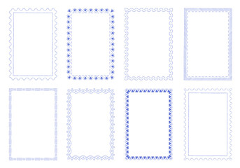 Rectangle stamp frames with border in Italian coastal style. Empty blue postcard stamp frames with squiggle, wavy and line edges. Rectangle crayon borders, vector illustration