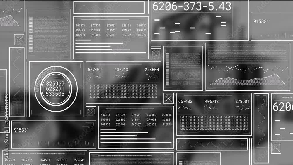 Poster hud panels being visualized in grid layout, showcasing flat design charts and numeric readouts