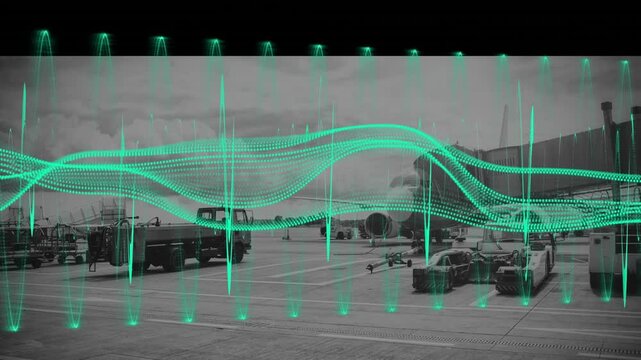 Commercial airplane parking gate apron, featuring baggage carts fuel truck tug and green waveform