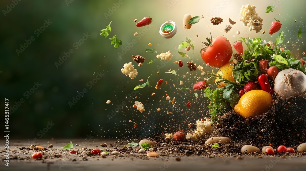Poster a dynamic compost system processing a diverse mix of organic food waste with floating elements repre