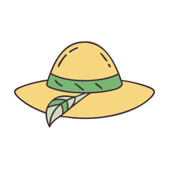 Yellow sun hat summer fashion accessory with green ribbon and leaf stylish headwear design