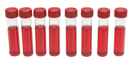 Multiple test tubes with dark red liquid aligned isolated on white transparent background