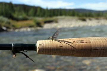 A fly rod held out in front of a trout stream, a Green Drake mayfly sits on the handle and a fly to imitate the bug is attached to the hook keeper, background out of focus. 