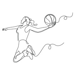 Continuous single line of basketball woman player healthy sport championship sketch drawing editable stroke vector illustration