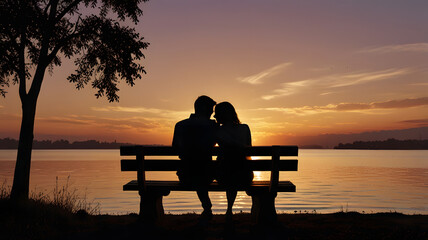 Fototapeta premium couple sitting on bench at sunset, , ai generated