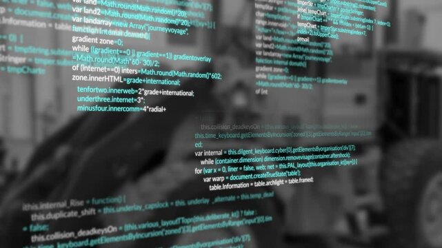 JavaScript code overlaying blurred monochrome office scene, showing bike leaning beside desk