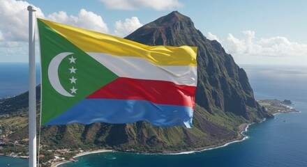 Waving Comorian Flag Representing Island Unity Against the Volcanic Coastal Landscape of the Archipelago