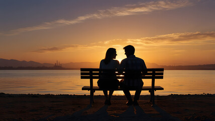 Obraz premium couple sitting on bench at sunset, , ai generated