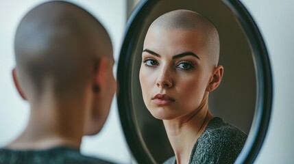 Fototapeta premium A woman with a shaved head looking at herself in the mirror with strength