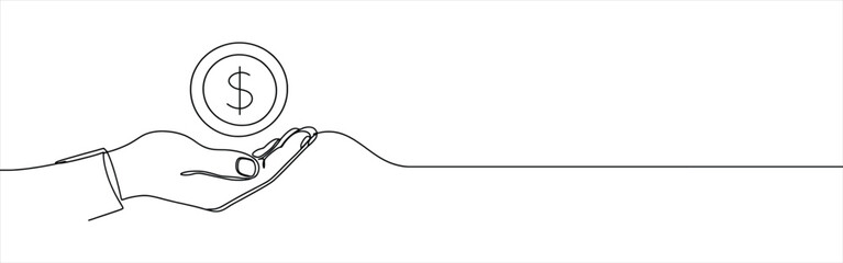 Hand holding coin continuous one line drawing. Dollar linear symbol. Savings money concept.