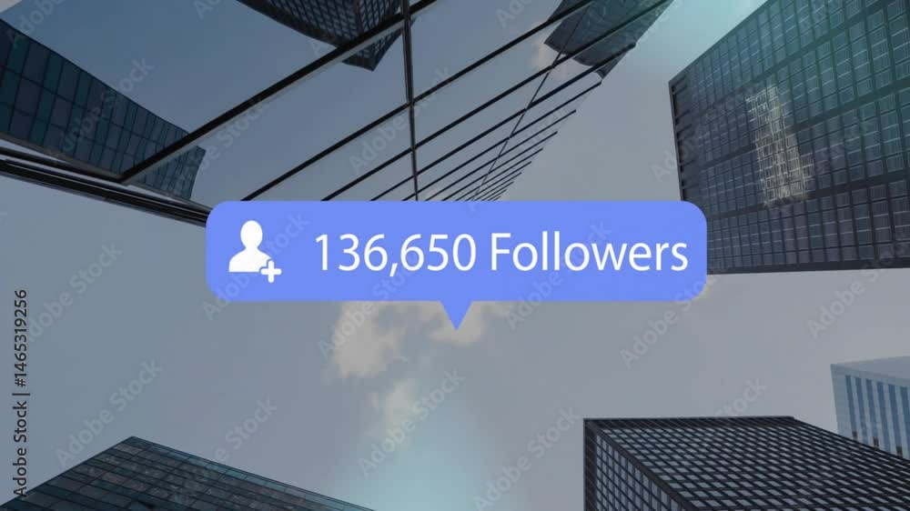 Aufkleber notification bubble floating above glass skyscrapers, displaying user icon and follower count